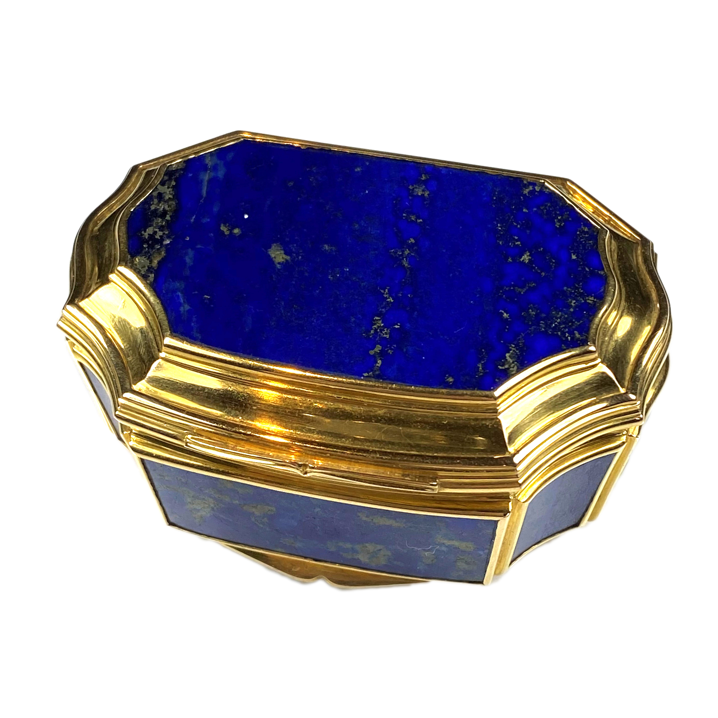 Gold mounted cartouche shaped lapis lazuli box